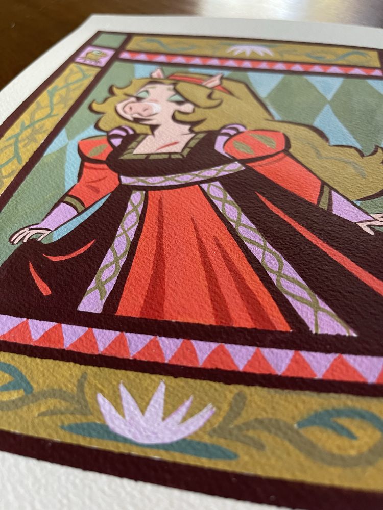 A close up of an acrylic gouache painting of Miss Piggy who stands holding the end of her dress. She is surrounded by a series of abstract frames containing vines & drawings of kermit the frog, in a style inspired by midcentury medieval revival art & fashion.