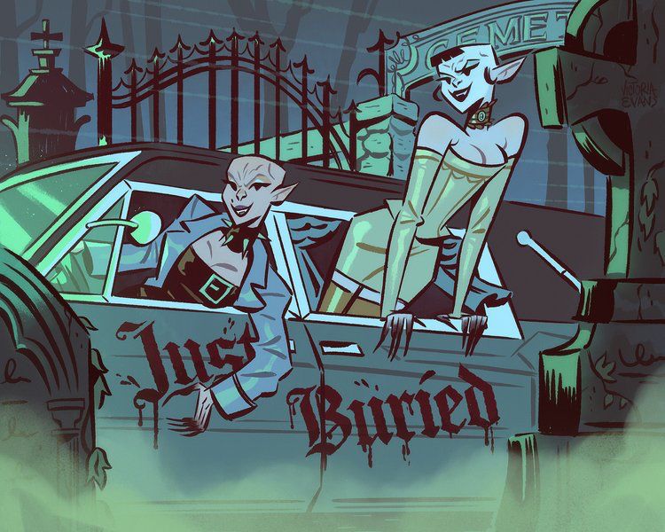 Illustration of two vampire women driving a hearse that reads "just buried" through a cemetery