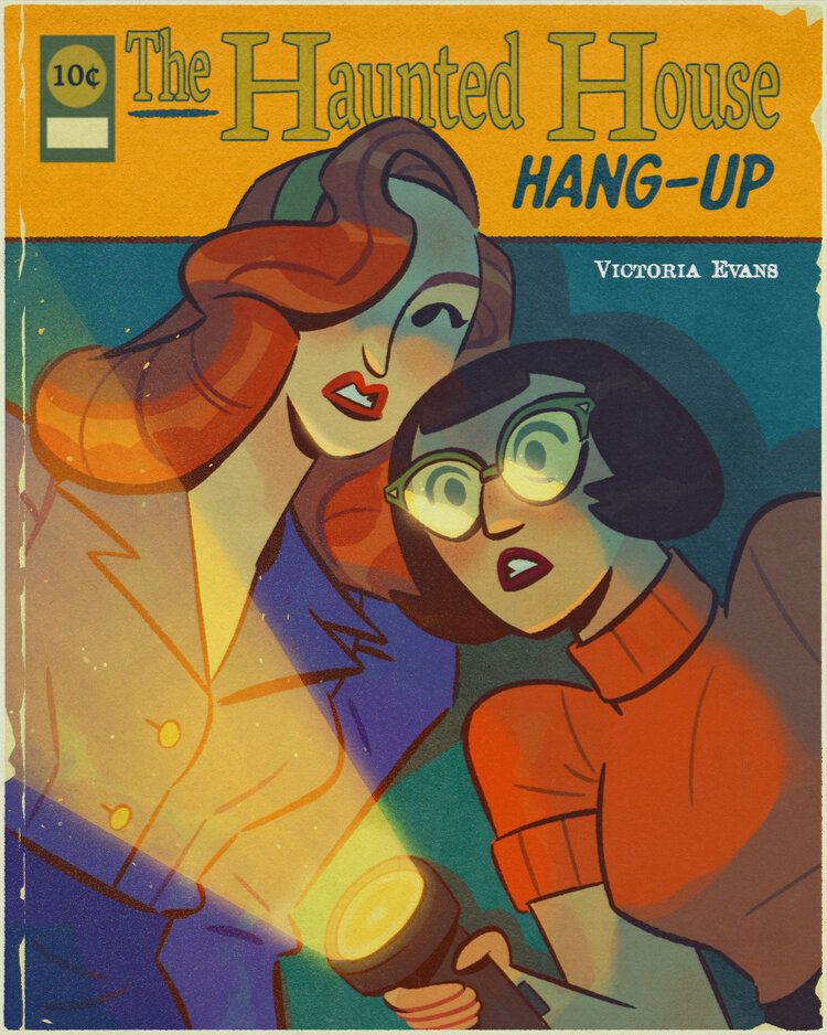 Pulp style fan cover of a fake book called "the haunted house hang-up" featuring Daphne & Velma from Scooby doo
