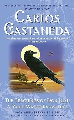 Book cover for "The Teachings of Don Juan" by Carlos Castrneda. A pastell drawing of a large black crow, perched upon a desert mesa, it's head framed by a rising full moon.