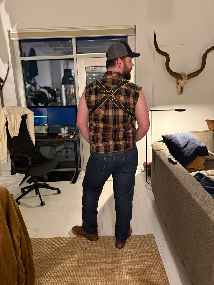 From the back - Me wearing a cutoff plaid carhartt flannel with jeans, cowboy boots, and a ball cap. I’m also wearing a black and yellow leather harness 