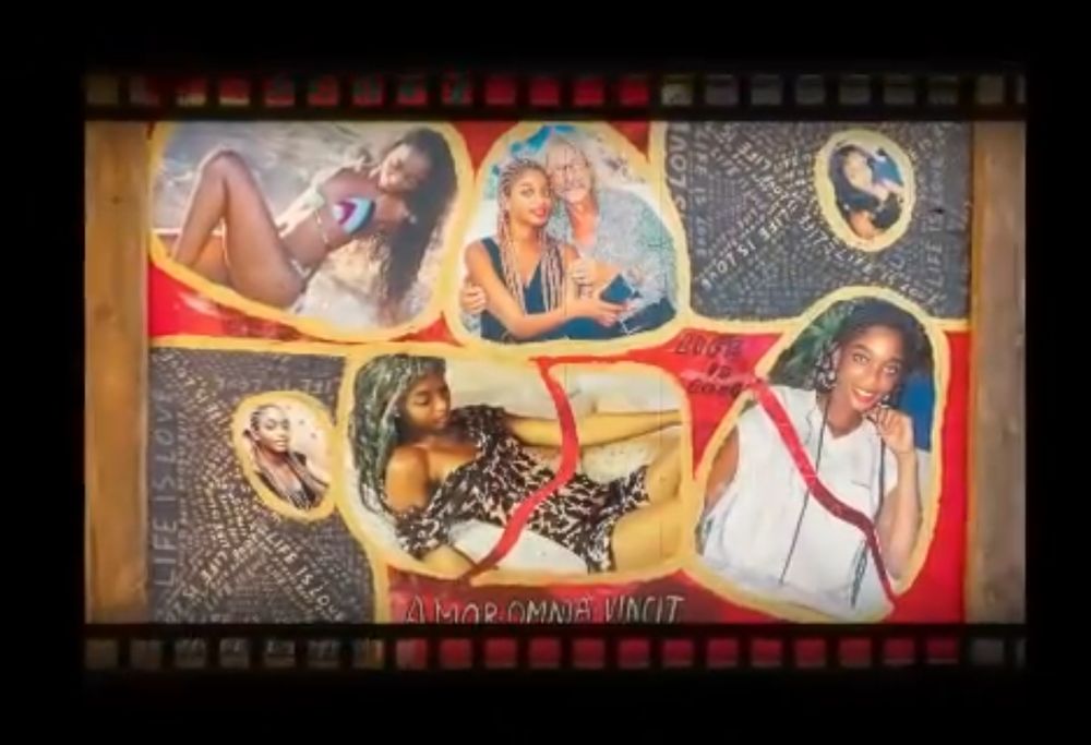 Collage de recortes de fotos de una chica en en diferentes poses sexys y con el artista.