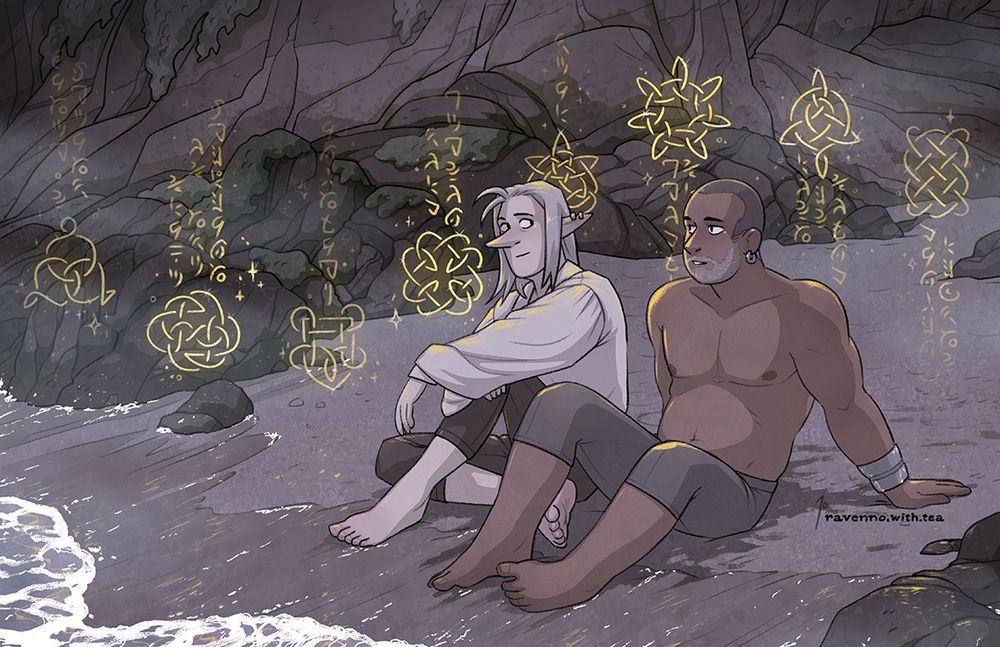 Fanart illustration of Aluin & Iluri from "Even The Rocks" (comic by @brinsonmarie.bsky.social). This is a night time version of the previous beach illustration where the characters are talking about magic and there's a bunch of glowy esoteric symbols floating around them.