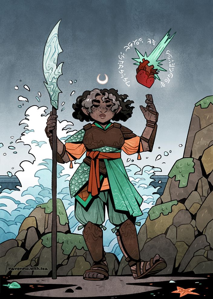 Illustration of teaweltzer.bsky.social 's original character (OC) Ronan, a were-selkie Paladin, casting Divine Intervention.