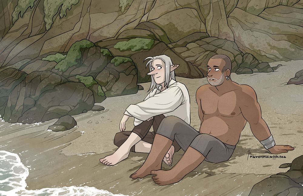 Fanart illustration of Aluin & Iluri from "Even The Rocks" (comic by @brinsonmarie.bsky.social). Both characters are barefoot and relaxing next to one another at the beach. The weather is overcast with light fog.