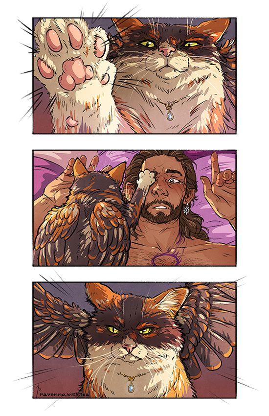 Sequential art, fanart, featuring Gale Dekarios (Gale of Waterdeep) from Baldur's Gate 3 (bg3), where Tara the Tressym is waking him up in order to confront him about the importance of punctuality with regard to mealtimes.