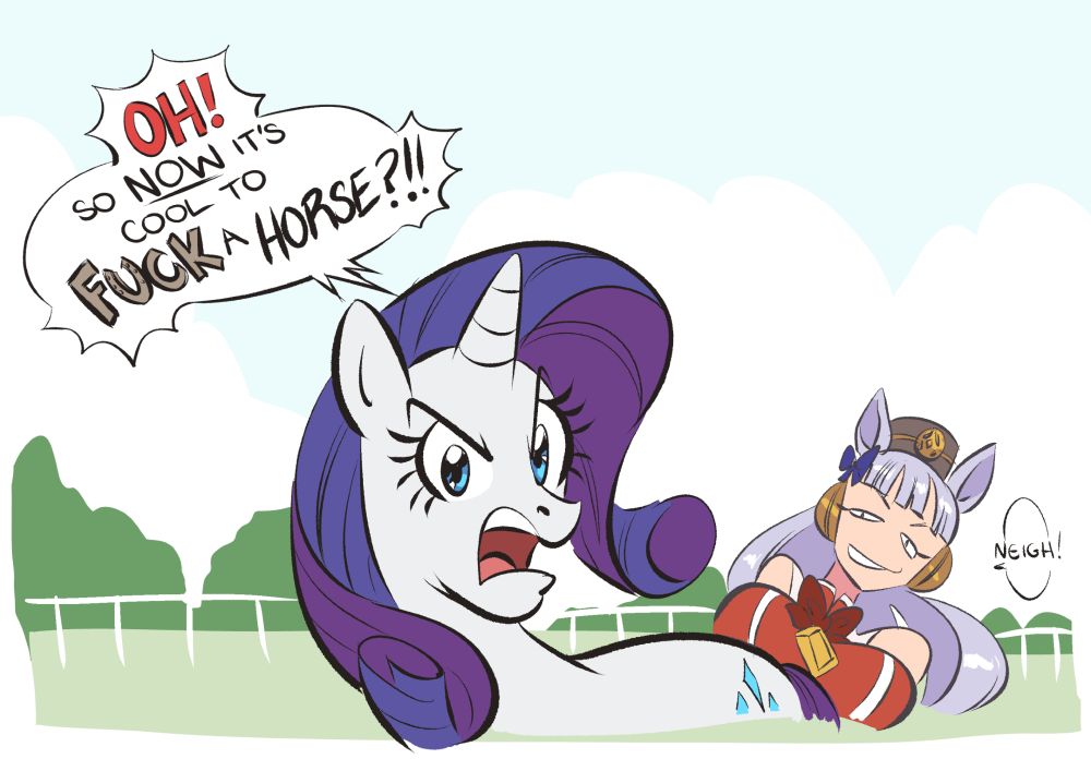A quick illustration of Rarity (MLP) and Goldship (UmaMusume).
Rarity - "OH! So NOW it's cool to FUCK A HORSE?!!!"
Goldship - "Neigh" 