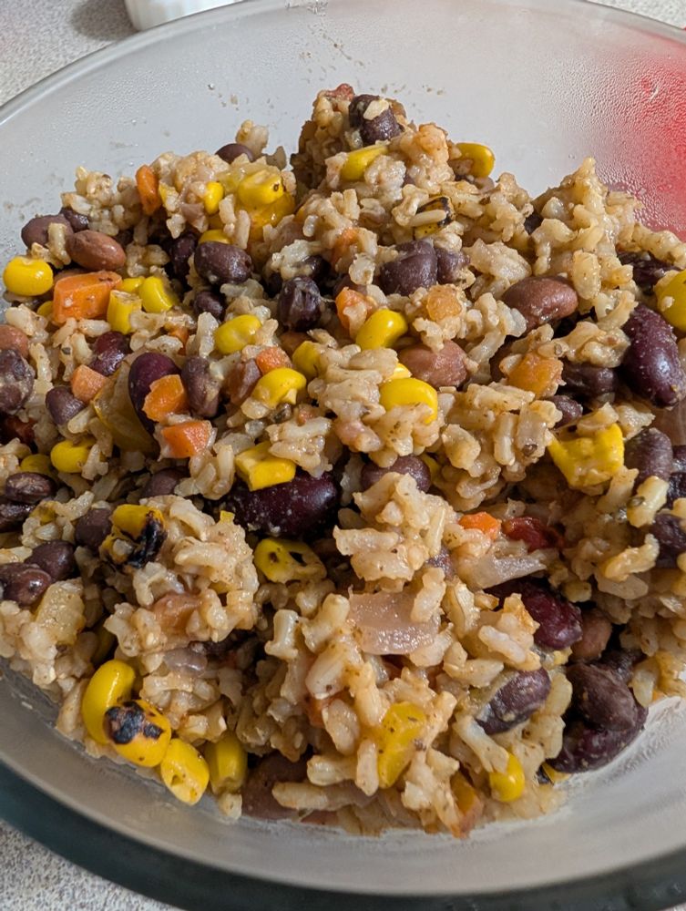 Rice & Beans with roasted corn, carrots, and tomatoes 