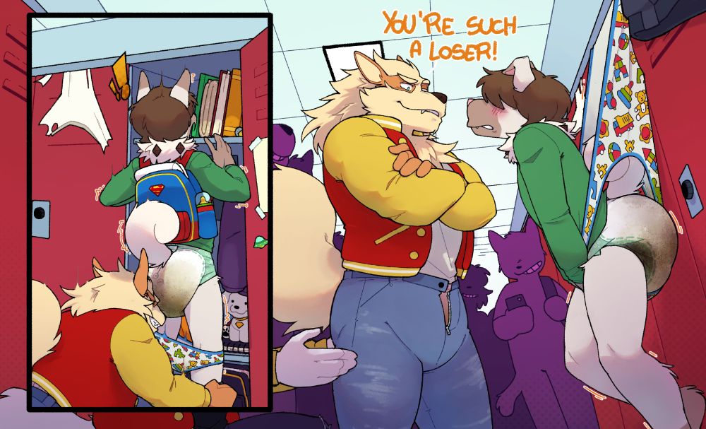 First pannel: an rockruff having his pants tucked down by an arcanine, showing his messy diaper butt. 
Second pannel: the rockruff stucked by a wedgie in his locker while the arcanine says "You're such a loser!" to him.