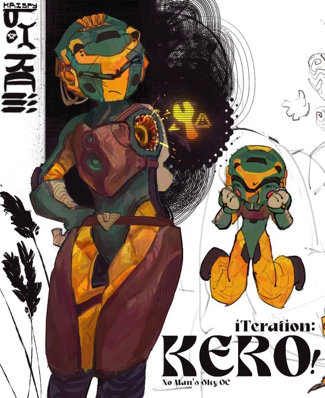 Two drawings of a No Man's Sky traveller–its armour in purple's Tawny Port, the spacesuit in Nandor Green, while her accents radiate with hues of Tahiti Gold. It stands in a while background, with stray stalks of ink-black wheat rising from below the Traveller's knees.

On the left, it's missing its entire left arm. Sparks fly out of the exposed machinery, while a faint warning crackles nearby. The Traveller is looking at the damage in concern.

To the right is a smaller visualization of the same Traveller, now without its armor pieces. Its jumping in excitement, the circles in its cheeks now a Dark Salmon Pink instead of the usual black.

There's leglible text at the bottom. It reads: "Iteration: KERO! — with an exclaimation mark at the end. No Man's Sky OC"