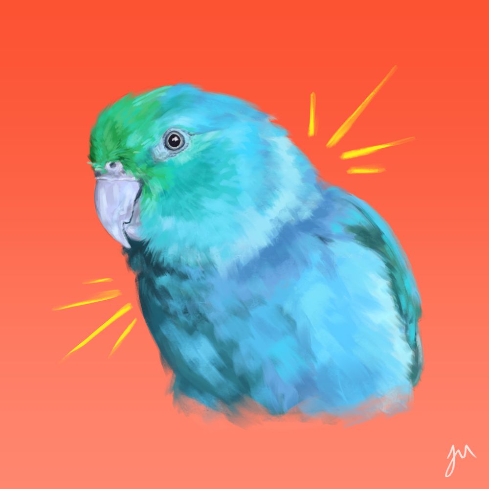 a digitally painted pet portrait of a turquoise parrotlet on a bright orange background