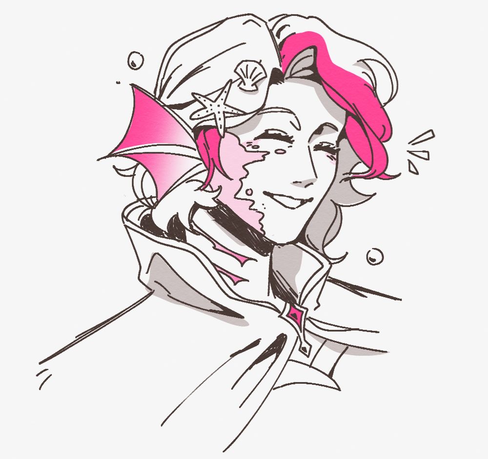 A sketch in brown pen with pink accents of Edyn Tidestrider from Just Roll With It: Riptide smiling with her eyes closed