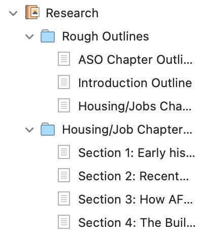Screenshot of Scrivener Menu: Folder Called "Rough Outlines" with subdocuments titled ASO Chapter Outline, Introduction Outline, and Housing/Jobs Chapter Outline. This is followed by a folder for the Housing/Jobs chapter and a series of sub-documents