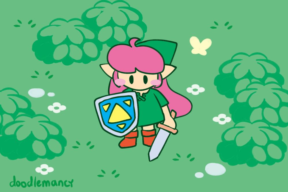 illustration of a pink-haired girl in a green tunic and pointed hat, with a sword and shield