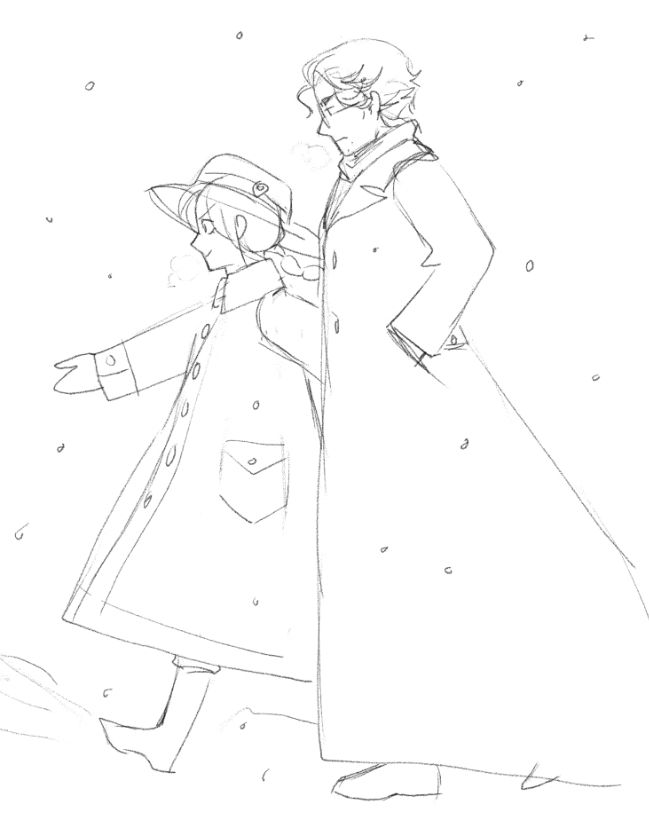 Petra and Sedgwick walking in the snow, Petra is kicking snow as she walks