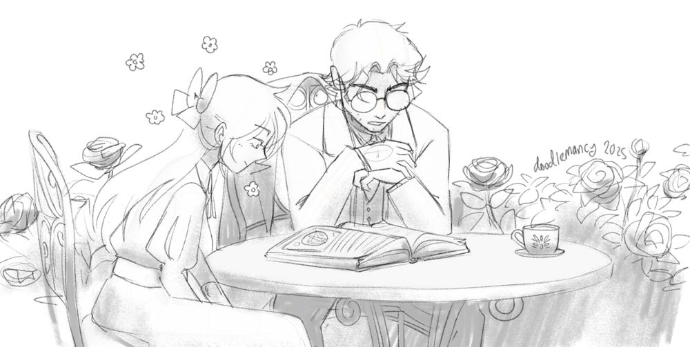 Petra and Sedgwick sitting at a table in a rose garden looking at a really big magical tome