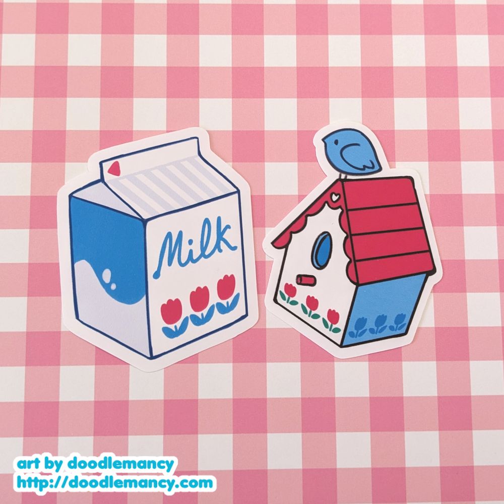 cute milk carton and birdhouse stickers