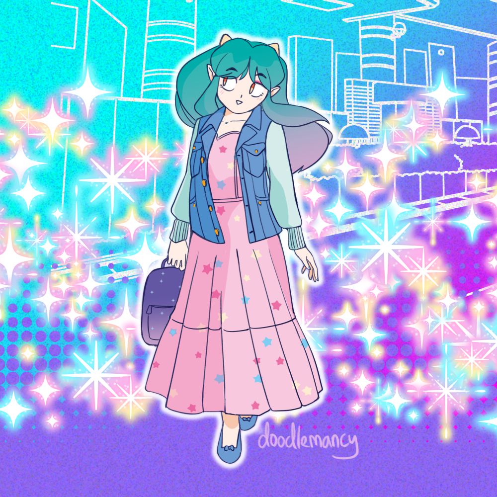 fan art of Lum from Urusei Yatsura, she's wearing a starry pink dress, a denim jacket and carrying a galaxy backpack. because she is from space. of course.