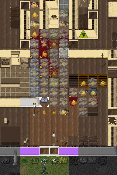 Cropped screenshot from Cataclysm: Dark Days Ahead. The player stands outside the window of a house on fire, with many exclamation points representing zombie corpses burning within.