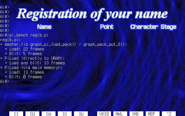 Screenshot of a .PI loading benchmark, testing master.lib's graph_pi_load_pack() and graph_pack_put_8() functions against 電脳科学研究所/BERO's PiLoad library. master.lib's functions take 22 frames for loading and 5 frames for blitting. PiLoad, on the other hand, only takes 13 frames for loading the image into a planar format that can be blitted basically instantly, regardless of whether it directly blits to VRAM or first decodes the image into a memory buffer. Running on Neko Project 21/W, emulating a 1.9968 MHz × 34 = 67.8192 MHz CPU.