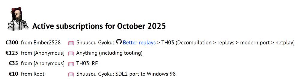 Active ReC98 subscriptions for October 2025:

• €300 from Ember2528 towards better replays for Shuusou Gyoku, followed by a long-term plan to first decompile TH03, adding replays, porting it to modern systems, and then implementing netplay (although we're also going for a more short-term option of having netplay on PC-98)
• €125 from [Anonymous] towards anything (including tooling)
• €35 from [Anonymous] towards TH03 RE
• €10 from Root towards porting SDL2 to Windows 98 to get Shuusou Gyoku running there again