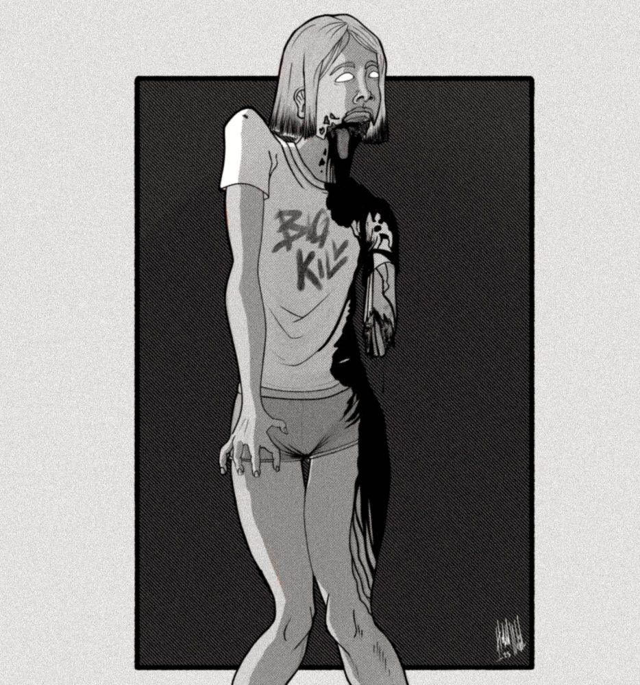 a zombie who lost her arm and her jaw wearing BIG KILL merch