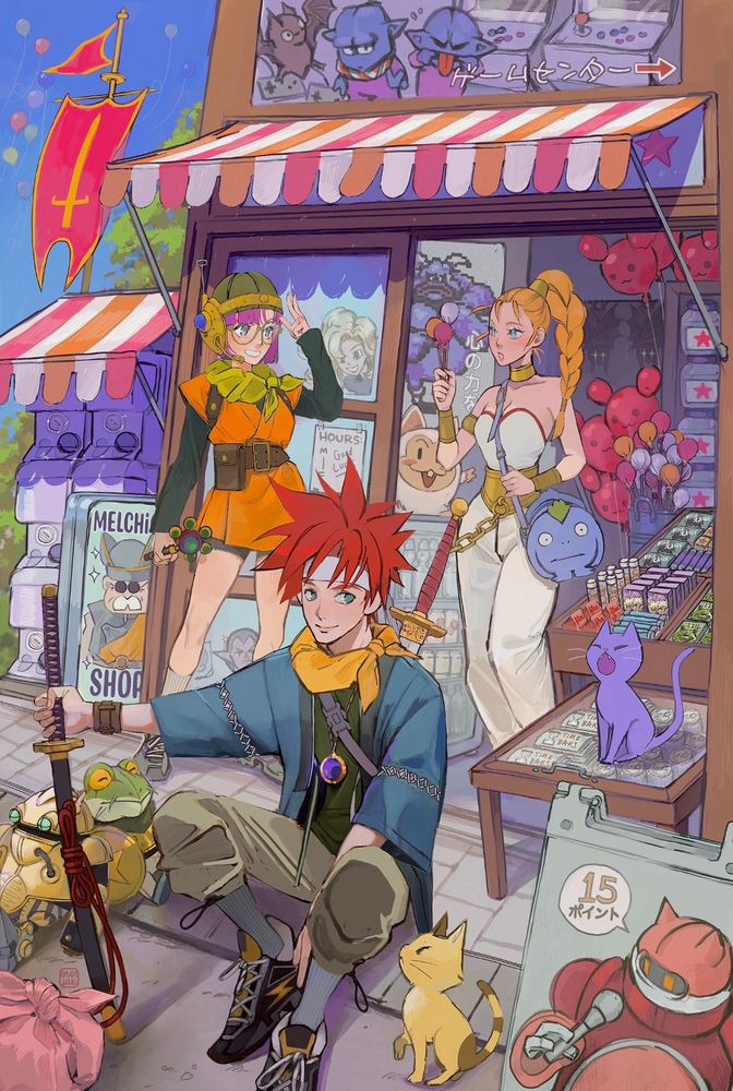 My Chrono Trigger illustration from 2023 still makes me happy 😁 They’re at a modernized Millennial Fair with plenty of candy for Marle, Melchior may or may not be there XD 