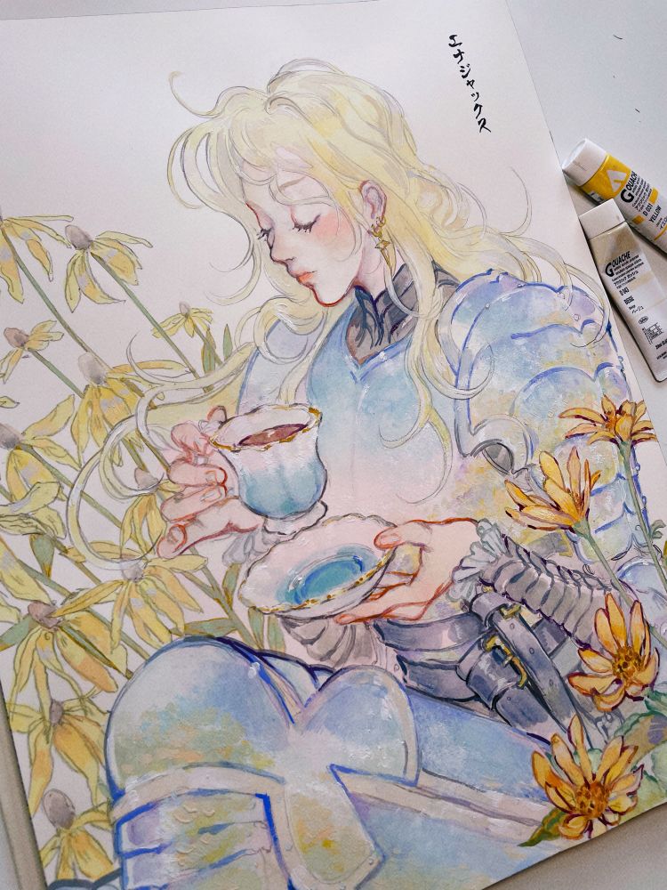 Continuing my knight of flowers series I suppose , with a bit of yellow reflected in this knights armor as she sips tea☕️ Battles are forever,  but tea time is sacred🌼