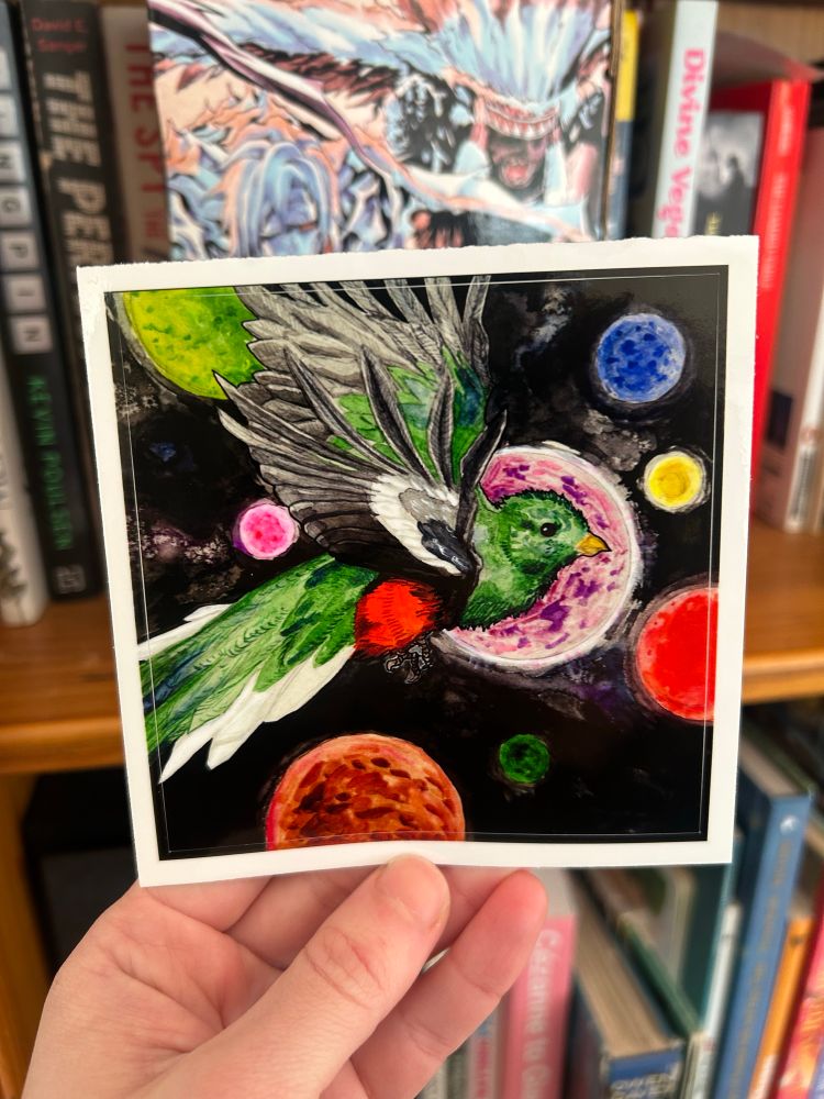 A colourful sticker of a bird in a starscape. Artist’s signature reads C.H. Pearce