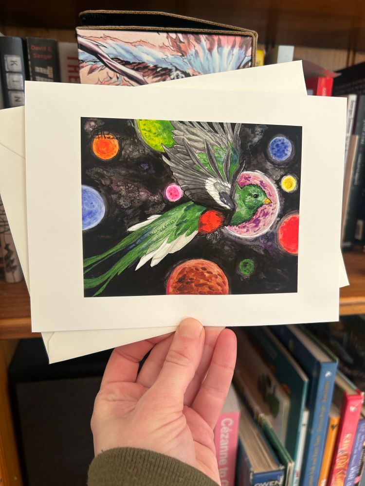 A colourful greeting card of a bird in a starscape. Artist’s signature reads C.H. Pearce