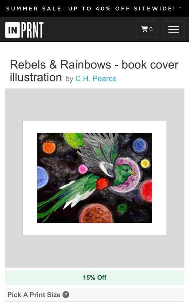 A colourful art print of a bird in a starscape titled Rebels & Rainbows book cover illustration. Artist’s signature reads C.H. Pearce