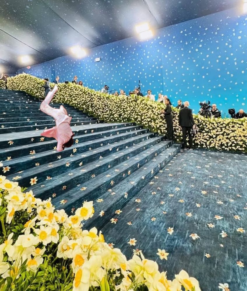 A badly photoshopped “Jason Derulo” falling down the 2025 Met Gala stairs