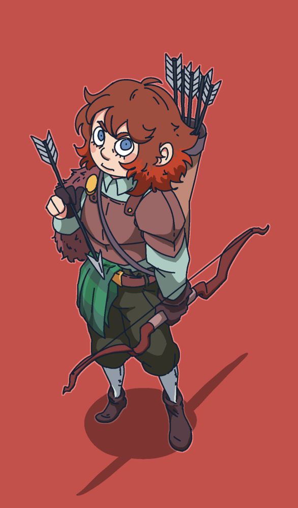 illustration of catti-brie from an above angle, she is holding her bow at her side and an arrow in her other hand. shes wearing leather armor and green toned clothes. 