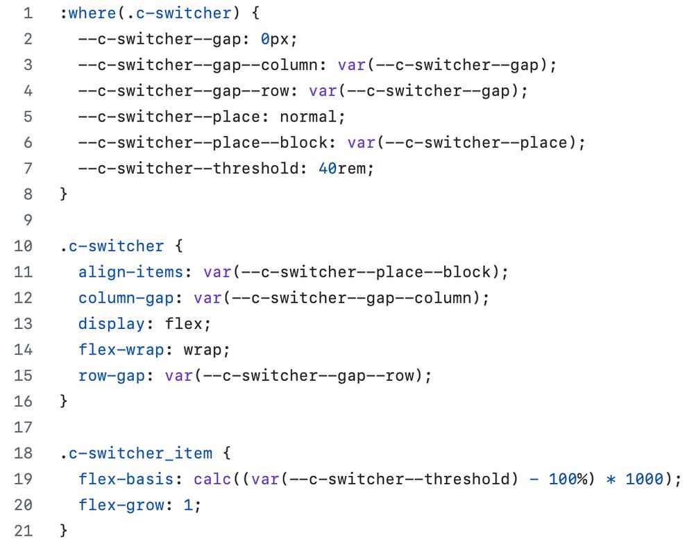 The CSS for a design system primitive, `c-switcher`.