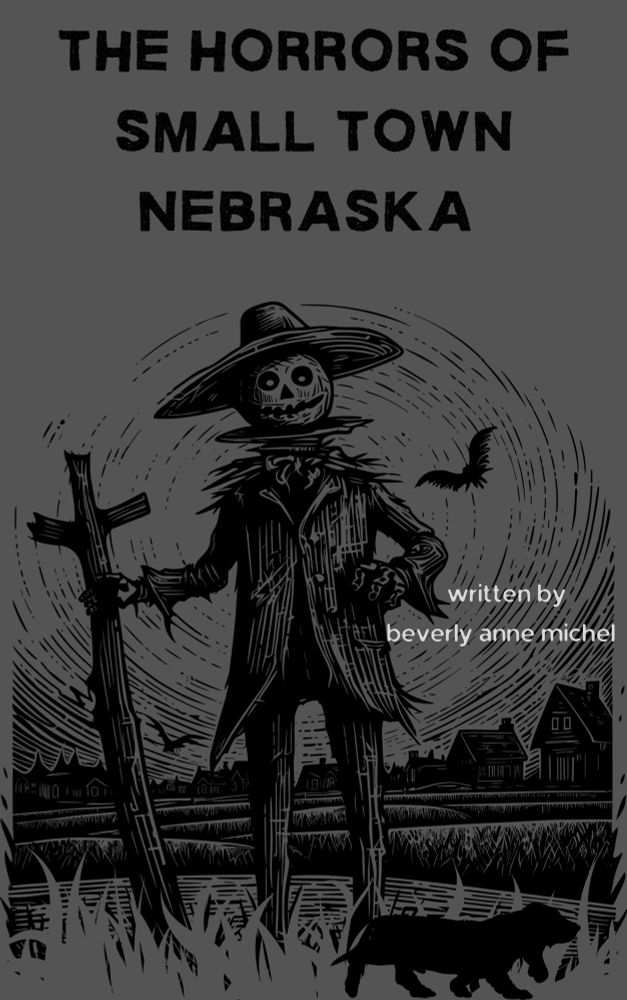 The Horrors of Small Town Nebraska book cover. Grey background with a creepy scarecrow. 