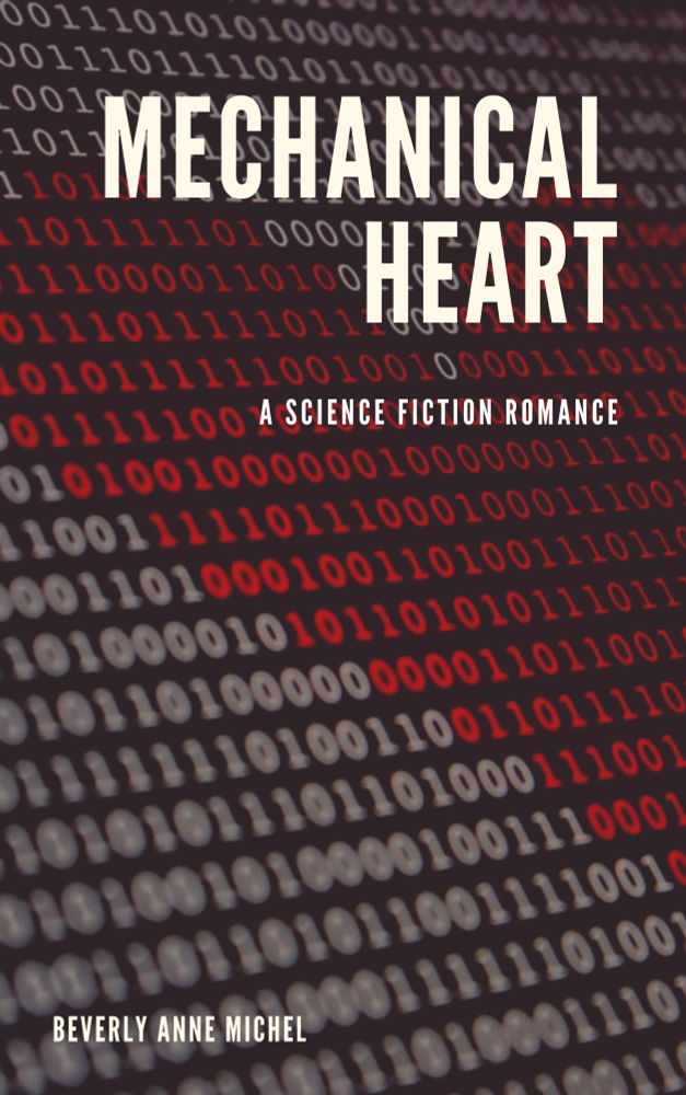 Mechanical Heart book cover. Grey and red binary code forming a heart. 