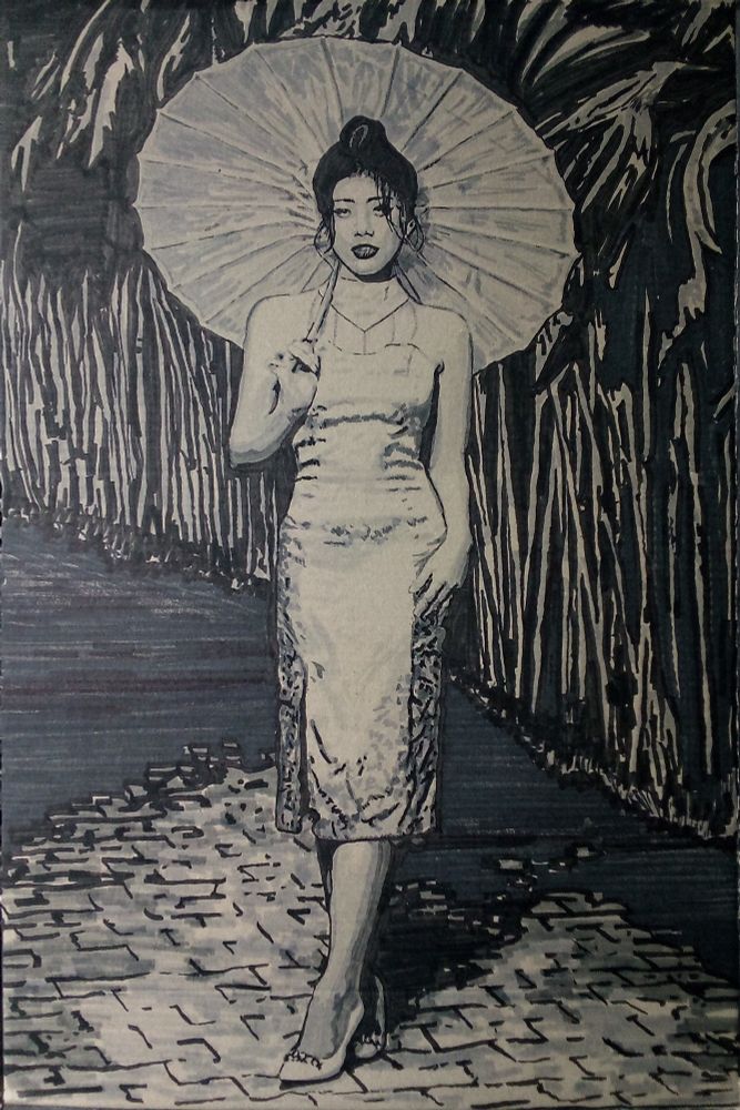 Marker Drawing on a cardboard box of a woman holding an umbrella

#art