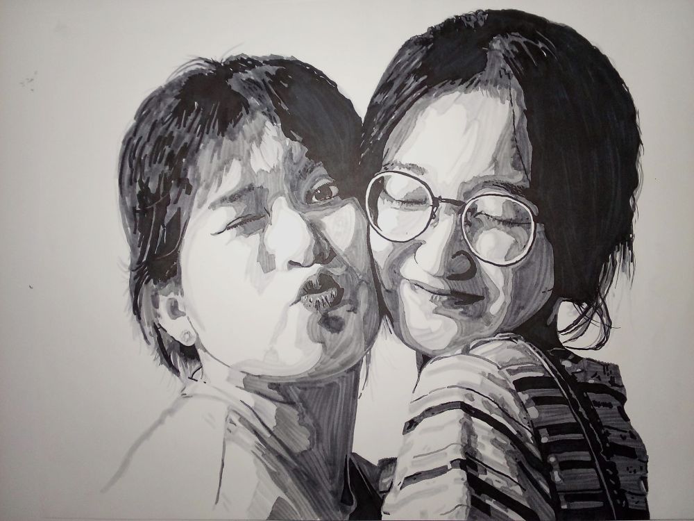 Marker Drawing of two people hugging, cheeks pressed together

#art