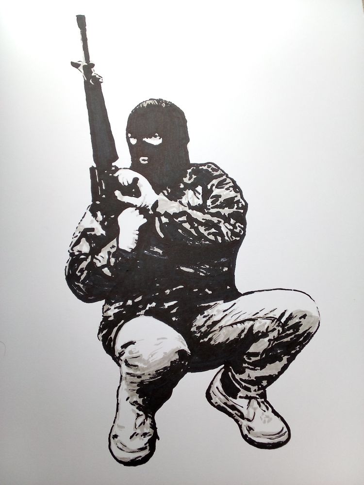 Marker portrait of a man in sneakers and ski mask with a rifle 
#art