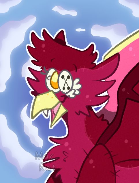 Headshot drawing of a red plush griffon character. Her left eye is a white button with some stuffing poking out beneath it. Her left wing is a red dragon's wing, while the other is more bird-like and pink with yellow tips. The background is a blue sky with white clouds circling.