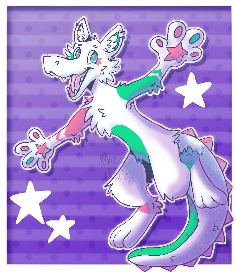 Drawing of an anthro husky/alligator creature. They are predominately white, with green and pink markings. They have an alligator tail and snout, and the rest is more dog-like. They are on a purple background with dots, stripes, and stars.