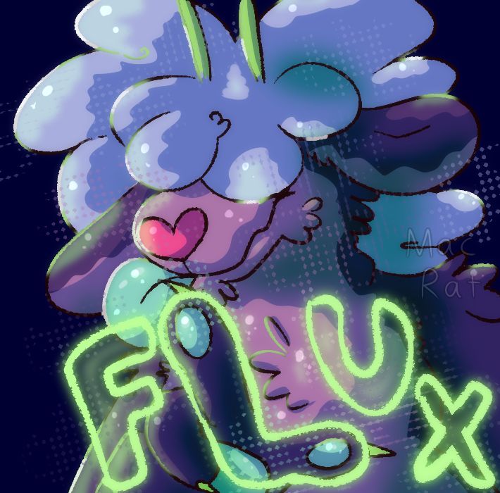 Headshot drawing of a bovine-esque creature. They are purple with a lighter snout/chest, and periwinkle fluffy hair. His nose is a pink heart shape, and he has two green antennae. They are making an 'L' shape with their hand, with fills out the name 'Flux' in green glowy lettering.