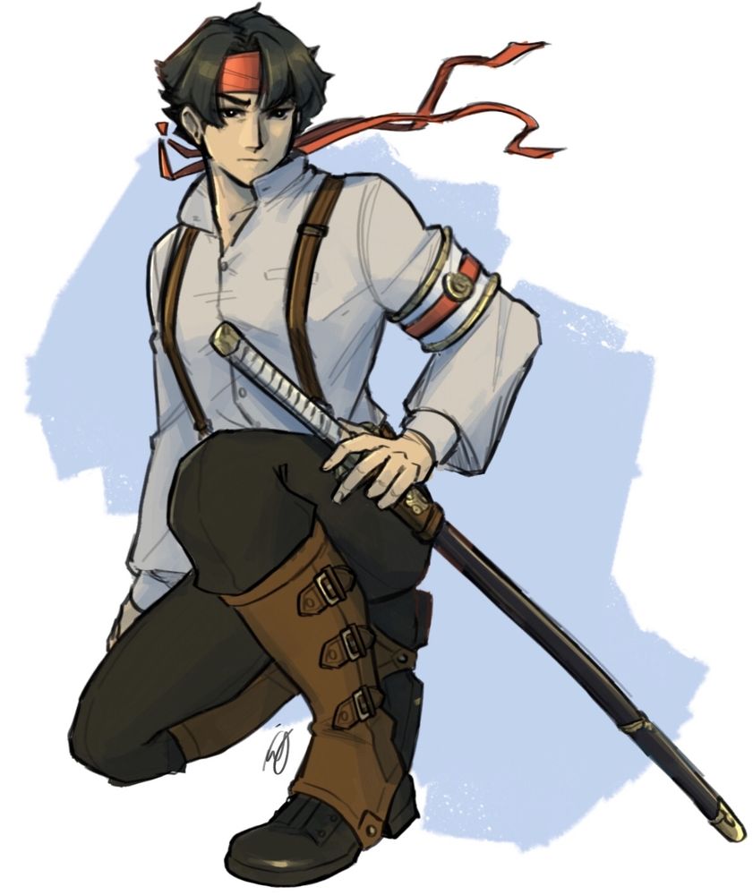 An drawn colored sketch of Kazuma Asogi from The Great Ace Attorney Chronicles. He not wearing his gakuran jacket and is crouching down on one knee, hand on his katana.