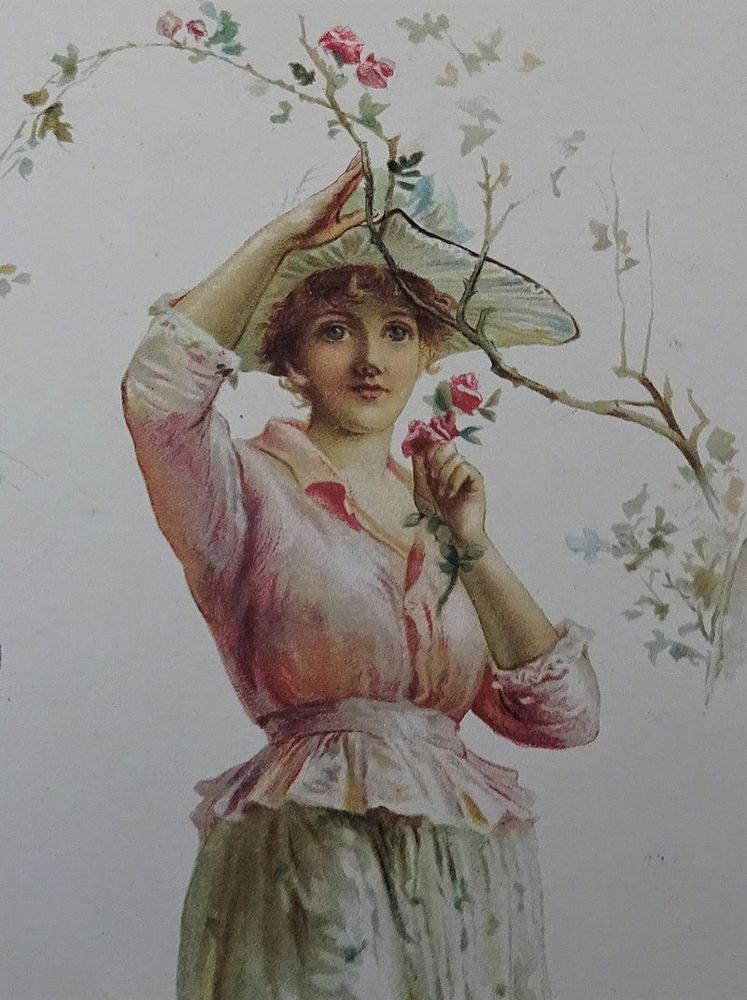 Junge Frau unter Rosenzweig mit zwei Rosenblüten in der Hand. vermutlich im Jugendstil gemalt