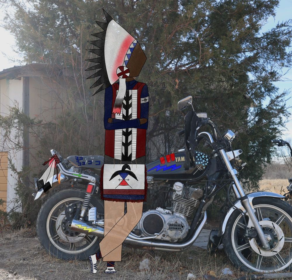 Ledger art of a man standing in front of a motorcycle with traditional Lakota symbols painted on it.