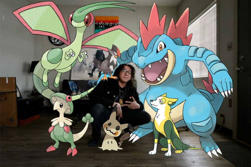 Photo of myself with a feraligatr, breloom, staraptor, flygon, and boltund.