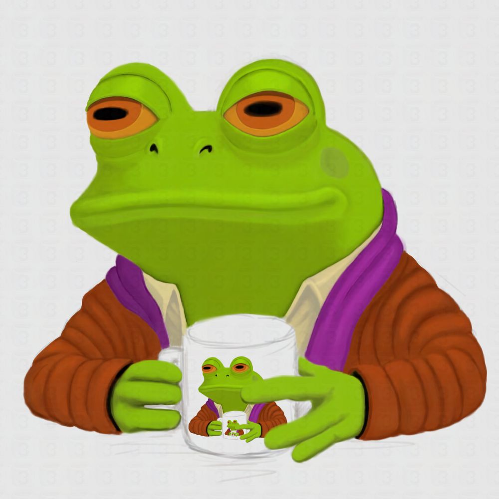 A frog wearing a brown and purple bathrobe is drinking coffee from a mug and smiling tiredly.