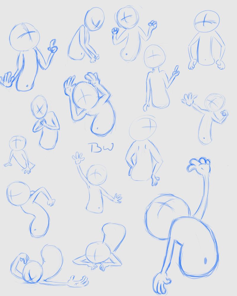 several sketches of cartoon style poses.