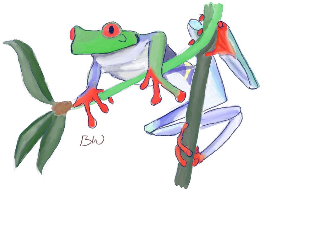 A digital watercolor painting of a Red-Eyed Tree Frog. 