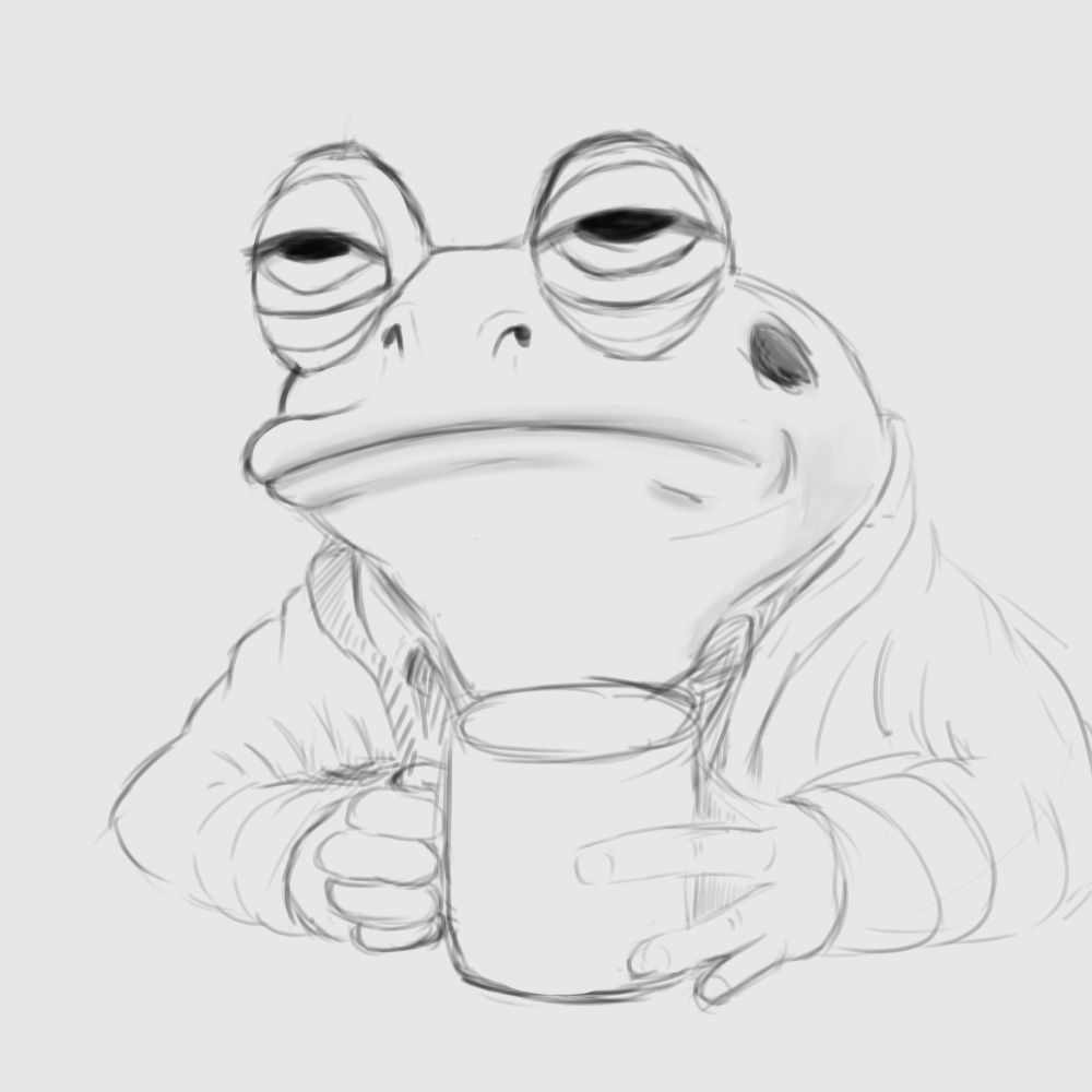 A loose sketch of a frog who is very tired having a cup of coffee.